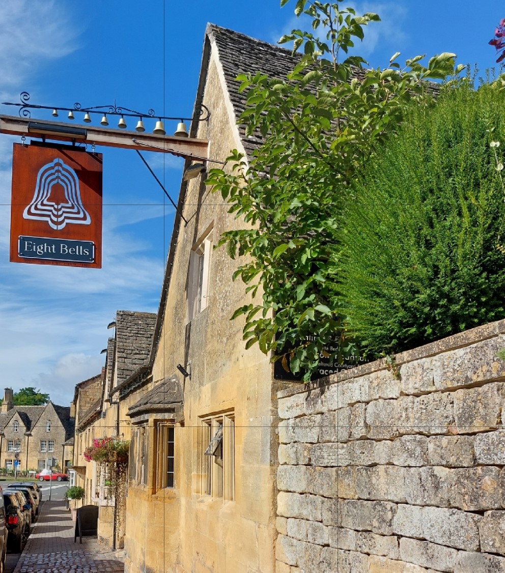 One of the best pubs in Chipping Campden. Frontage and sign of the Eight Bells Inn